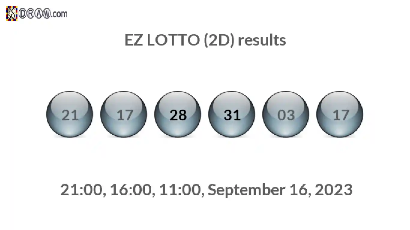 Rendered lottery balls representing EZ LOTTO (2D) results on September 16, 2023