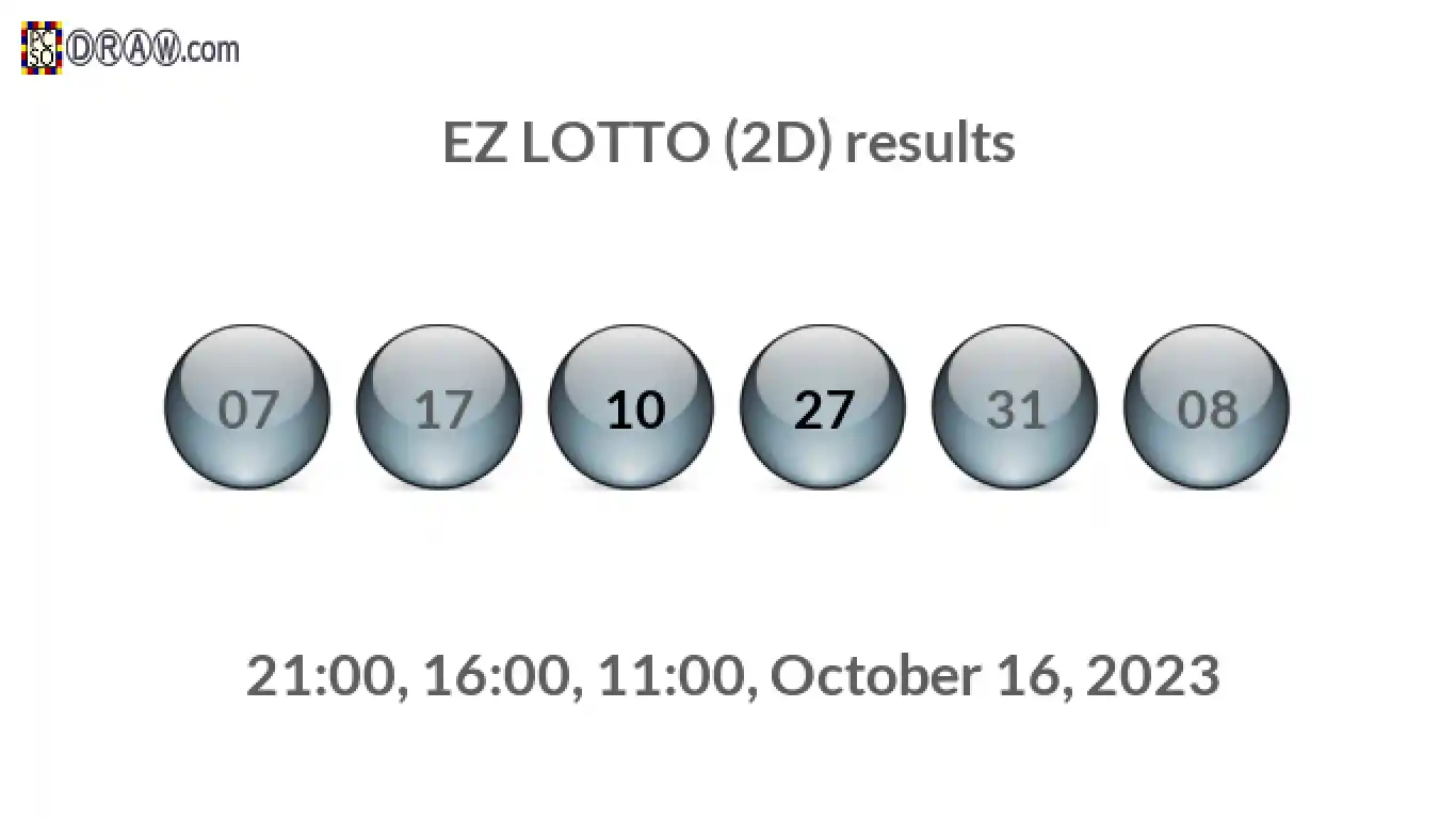 Rendered lottery balls representing EZ LOTTO (2D) results on October 16, 2023