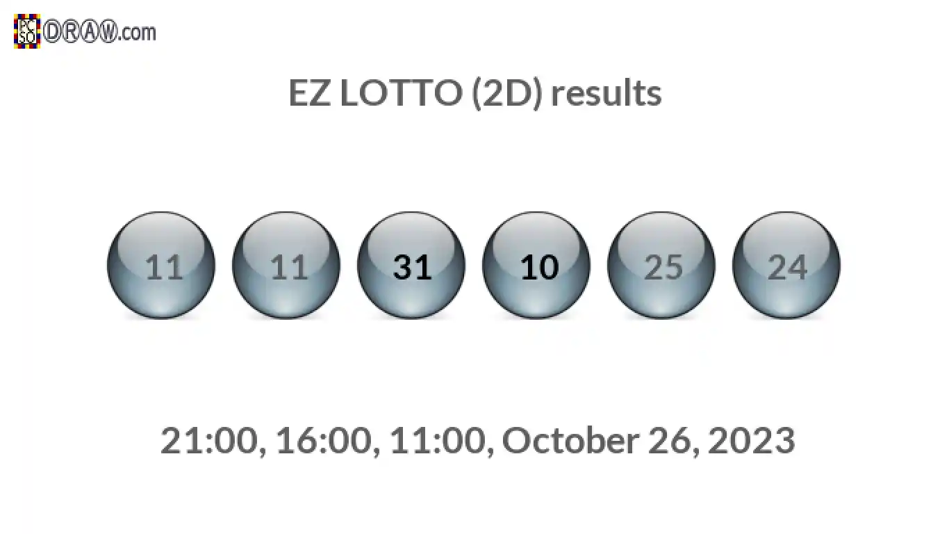 Rendered lottery balls representing EZ LOTTO (2D) results on October 26, 2023