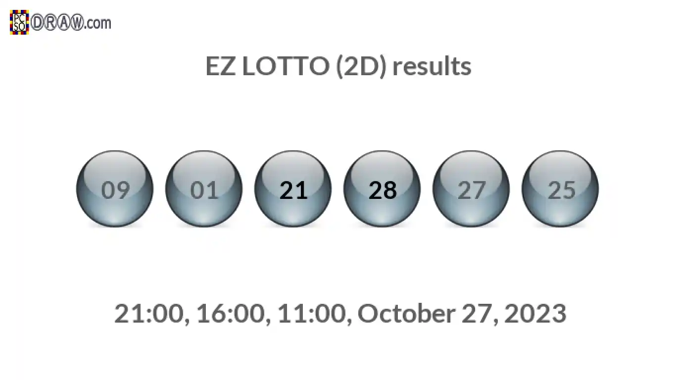 Rendered lottery balls representing EZ LOTTO (2D) results on October 27, 2023