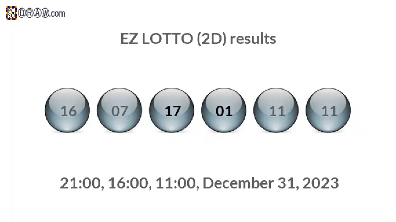 Rendered lottery balls representing EZ LOTTO (2D) results on December 31, 2023