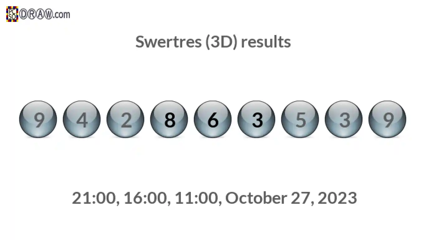 Rendered lottery balls representing 3D Lotto results on October 27, 2023