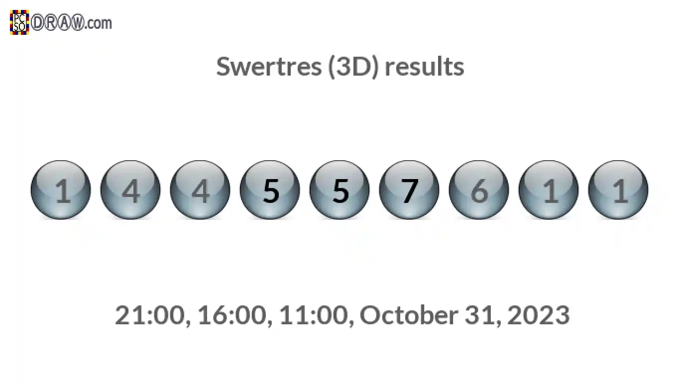 Rendered lottery balls representing 3D Lotto results on October 31, 2023