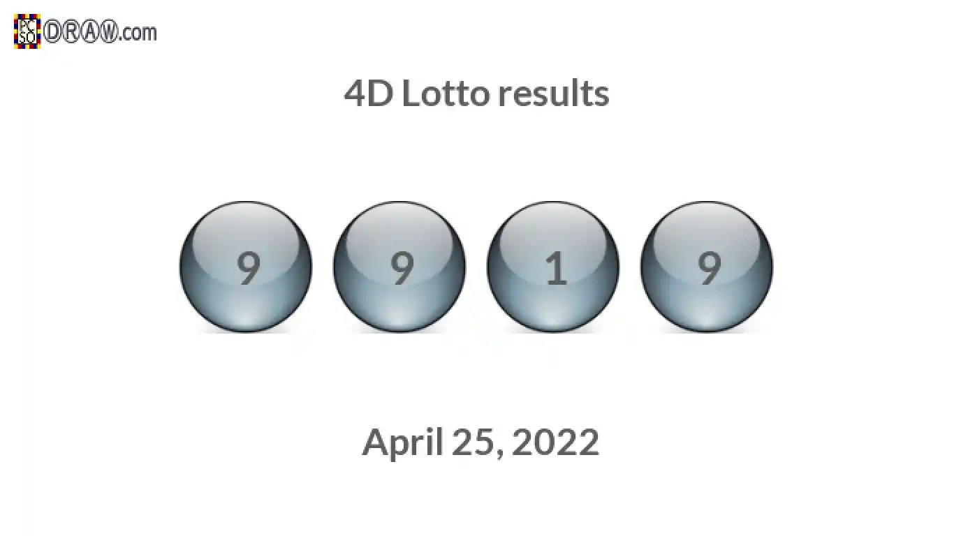 4D lottery balls representing results on April 25, 2022