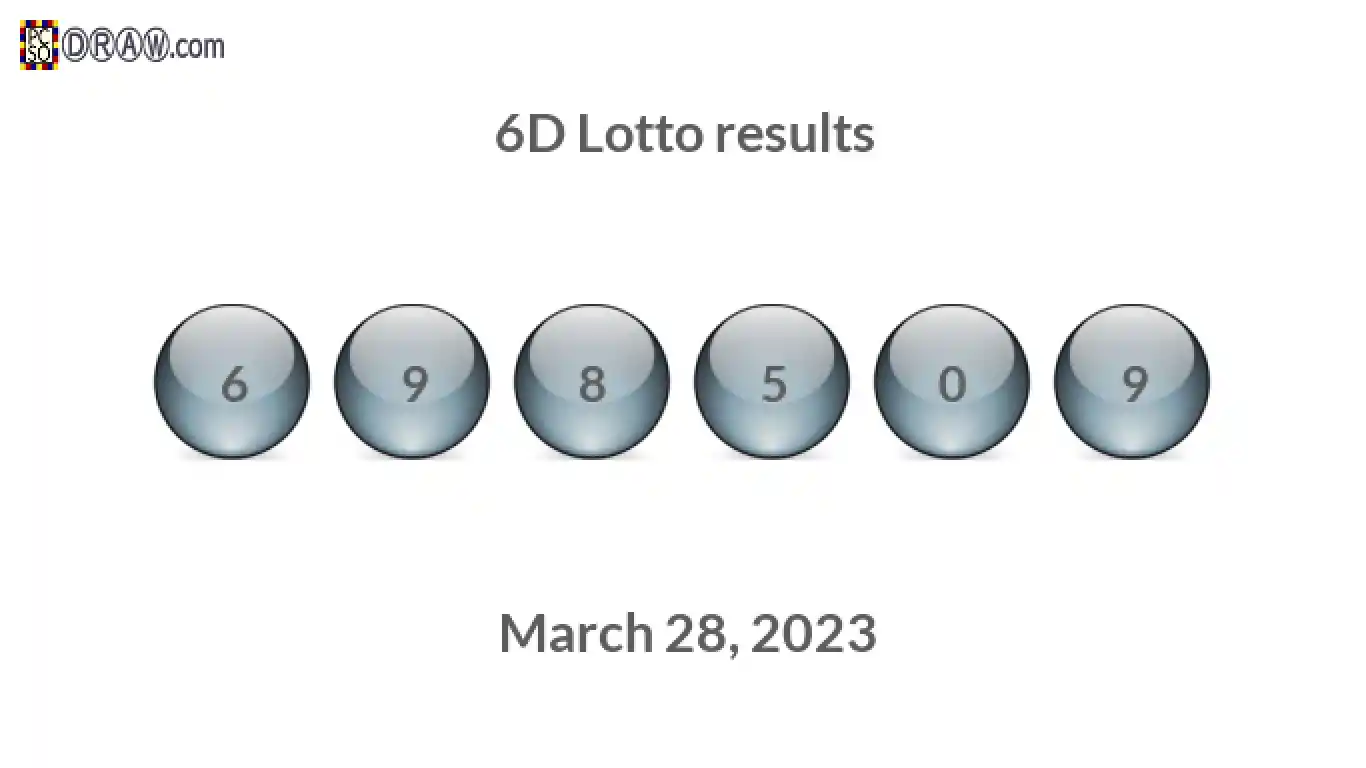 6D lottery balls representing results on March 28, 2023