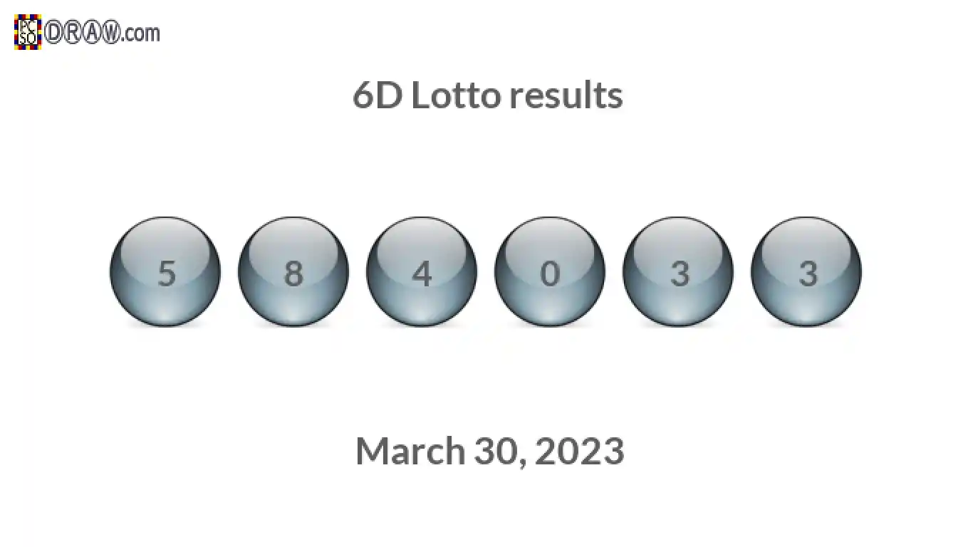 6D lottery balls representing results on March 30, 2023