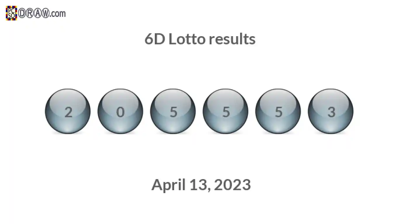 6D lottery balls representing results on April 13, 2023