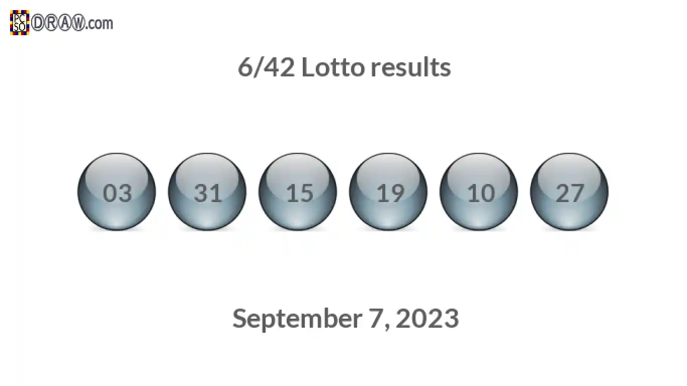 Lotto 6/42 balls representing results on September 7, 2023