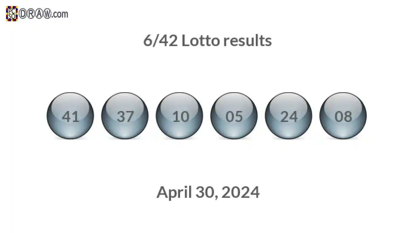 Lotto 6/42 balls representing results on April 30, 2024