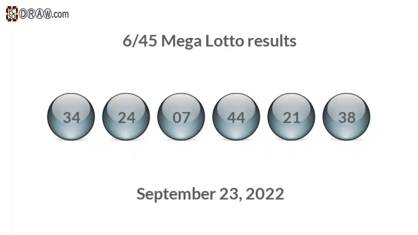 Mega Lotto 6/45 balls representing results on September 23, 2022