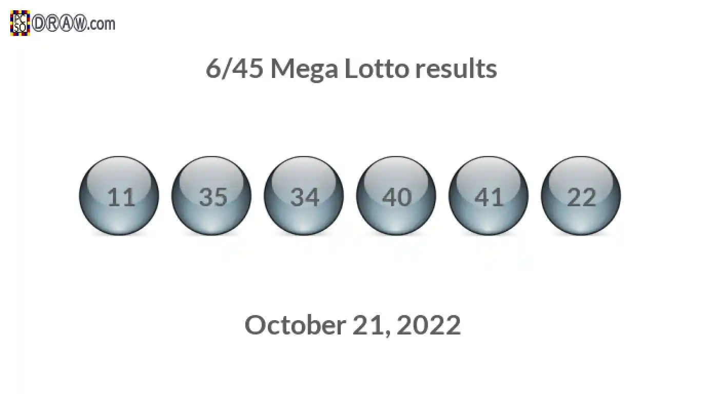 Mega Lotto 6/45 balls representing results on October 21, 2022