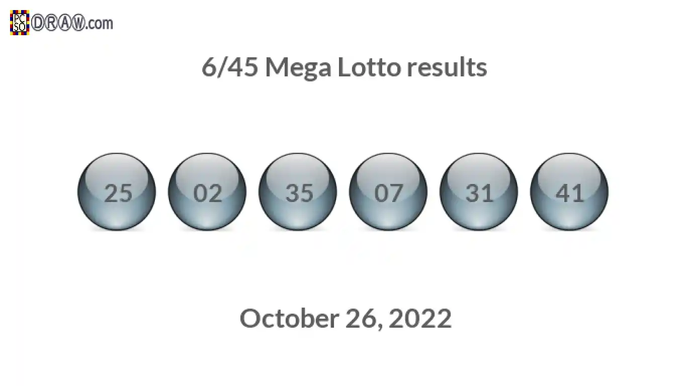 Mega Lotto 6/45 balls representing results on October 26, 2022