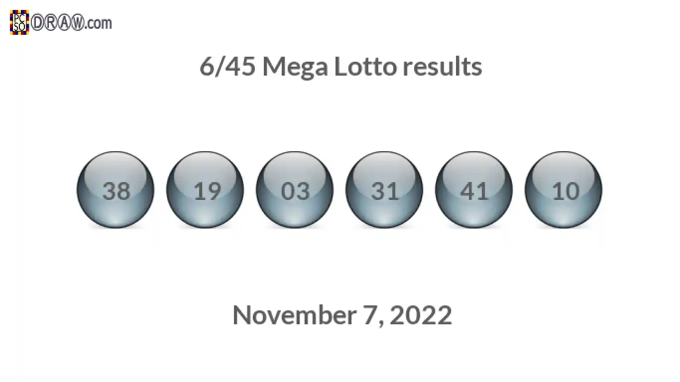 Mega Lotto 6/45 balls representing results on November 7, 2022