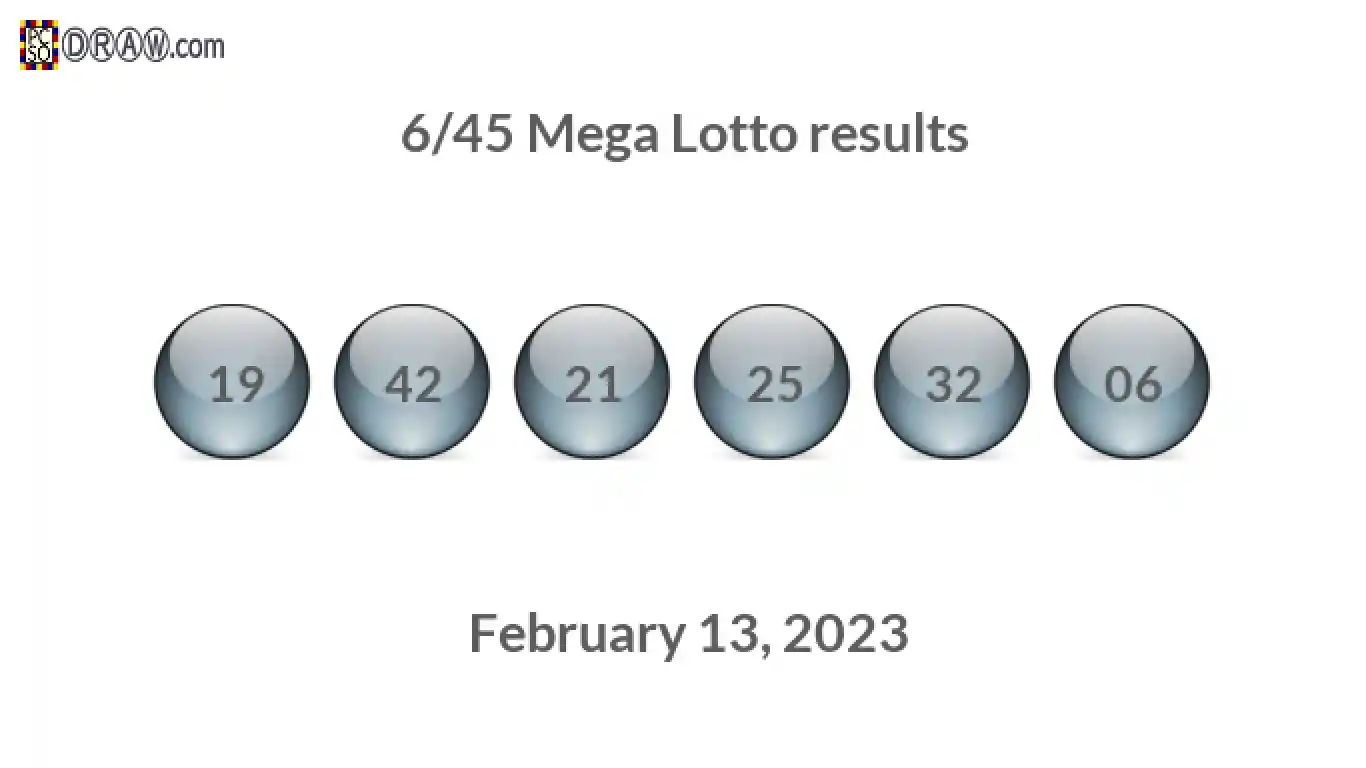 Mega Lotto 6/45 balls representing results on February 13, 2023