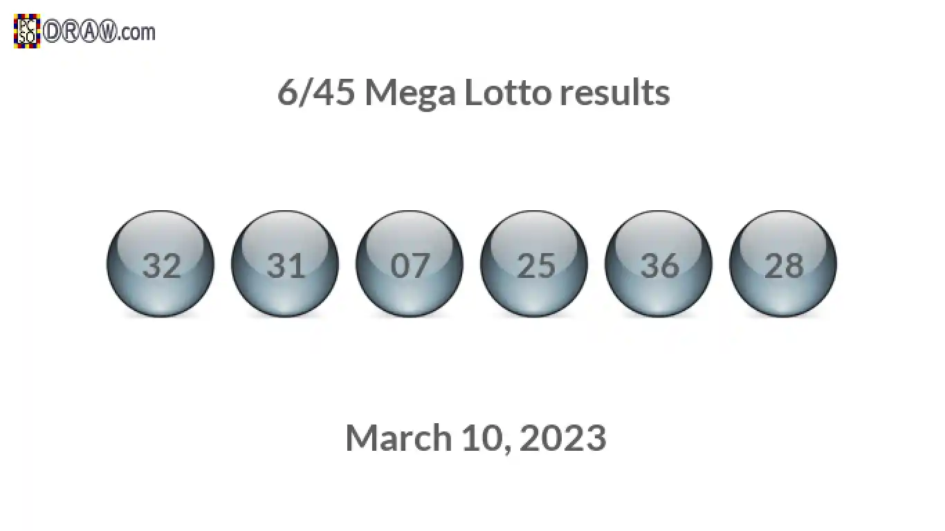 Mega Lotto 6/45 balls representing results on March 10, 2023