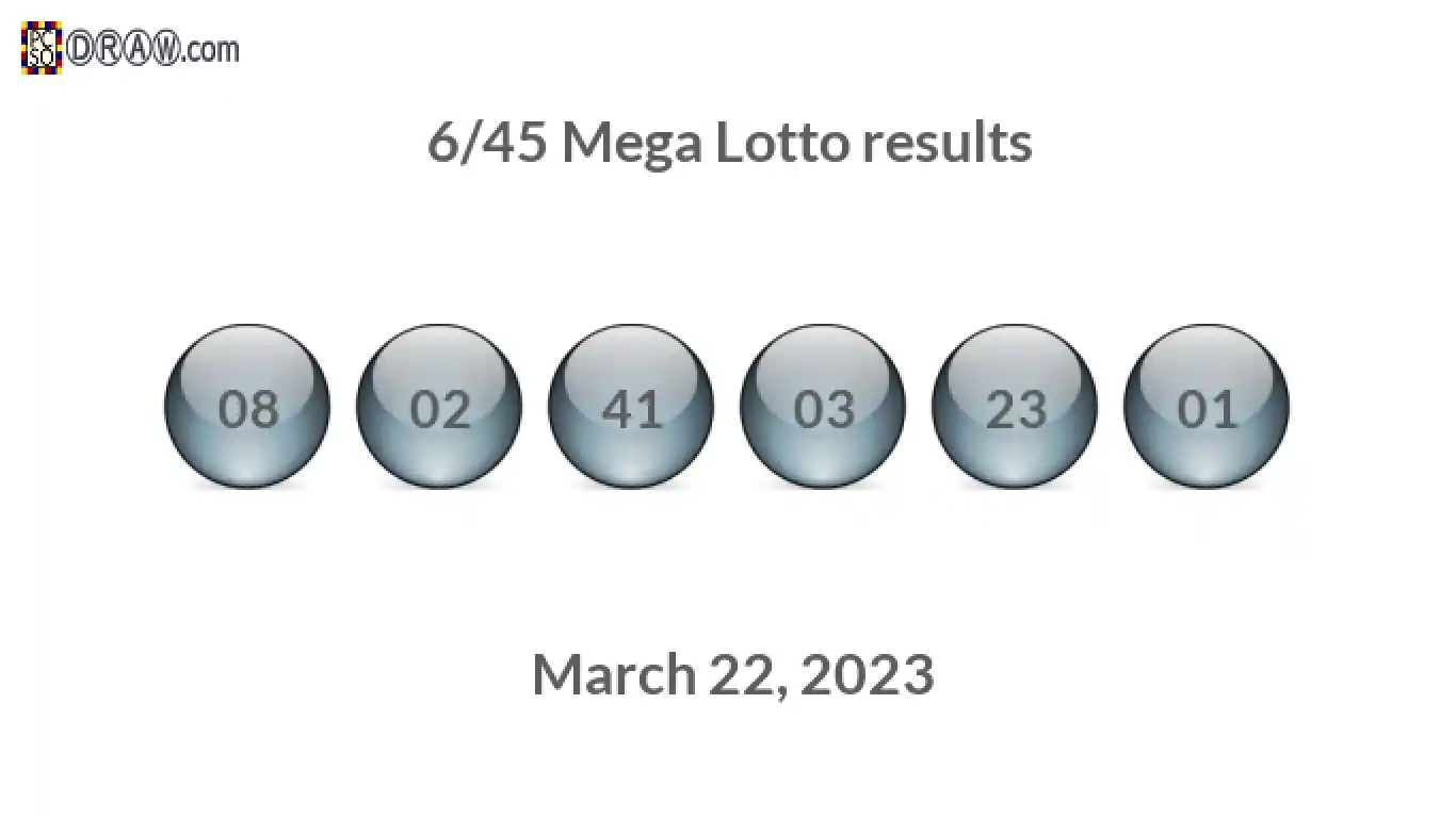 Mega Lotto 6/45 balls representing results on March 22, 2023