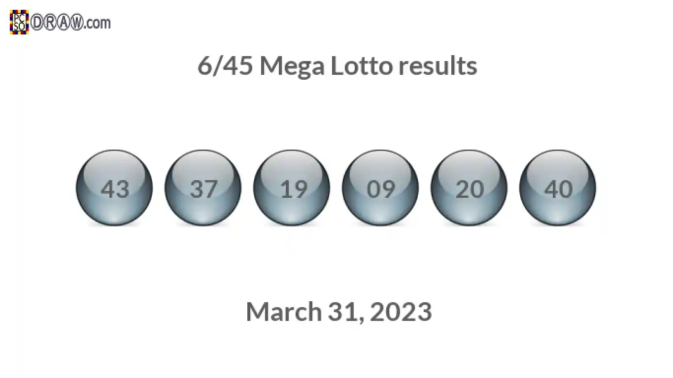 Mega Lotto 6/45 balls representing results on March 31, 2023