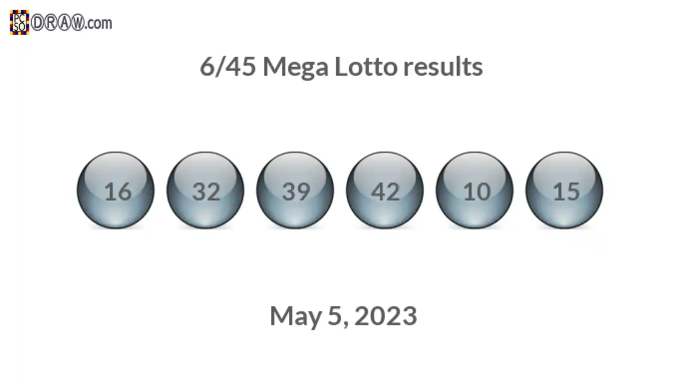 Mega Lotto 6/45 balls representing results on May 5, 2023