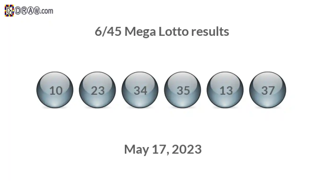 Mega Lotto 6/45 balls representing results on May 17, 2023