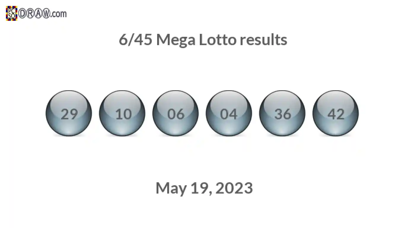 Mega Lotto 6/45 balls representing results on May 19, 2023