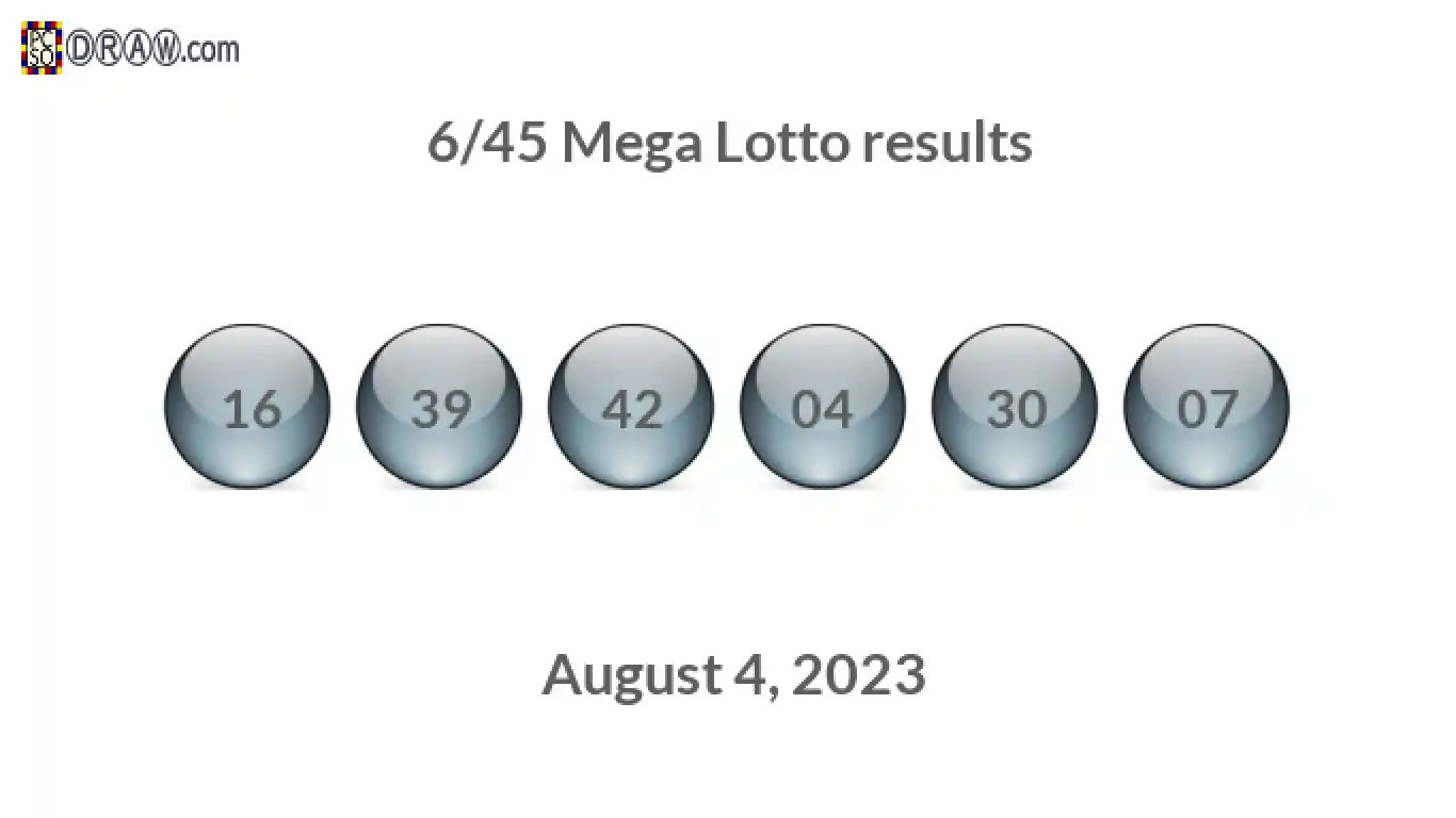 Mega Lotto 6/45 balls representing results on August 4, 2023