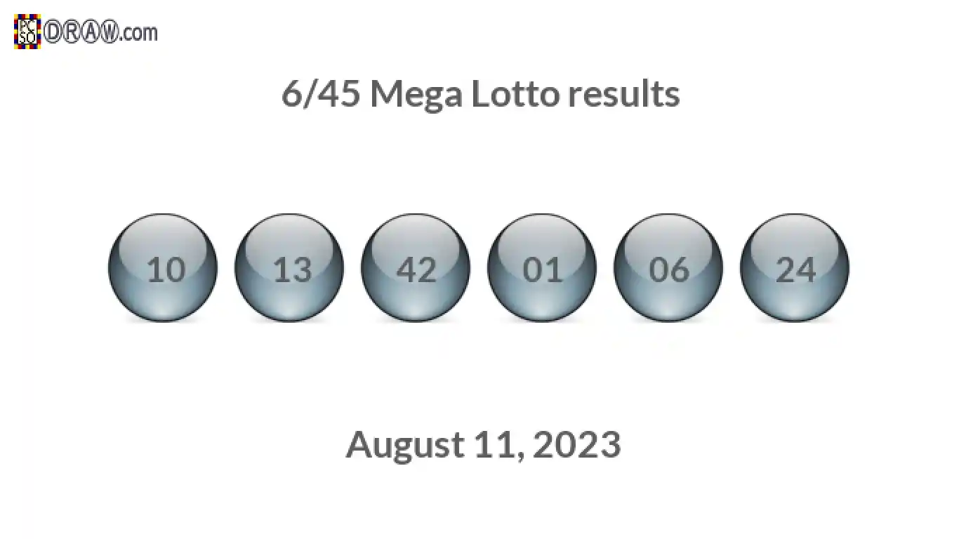 Mega Lotto 6/45 balls representing results on August 11, 2023