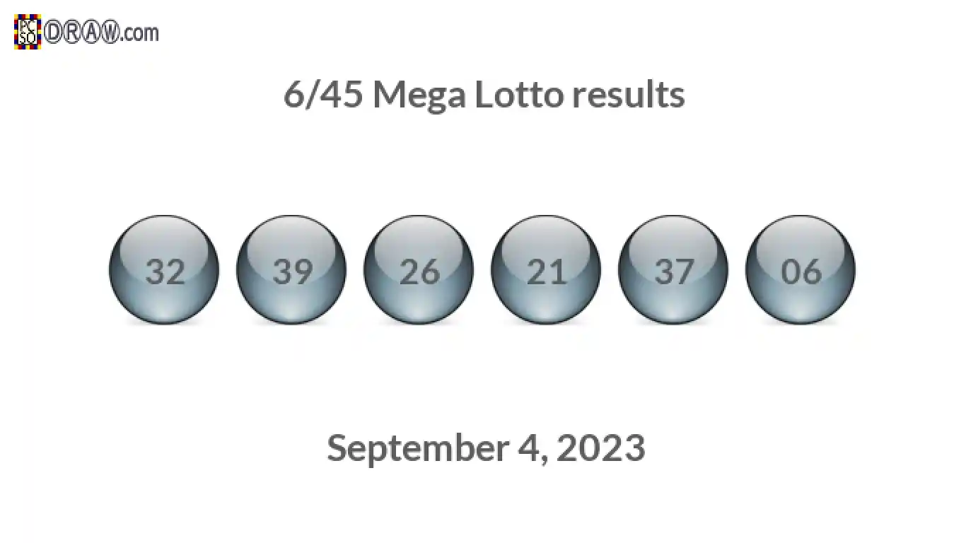 Mega Lotto 6/45 balls representing results on September 4, 2023