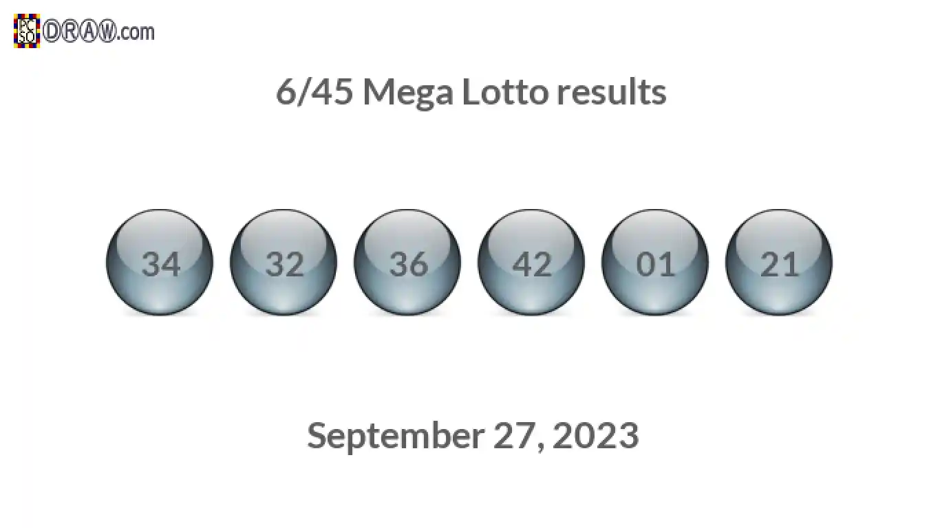 Mega Lotto 6/45 balls representing results on September 27, 2023