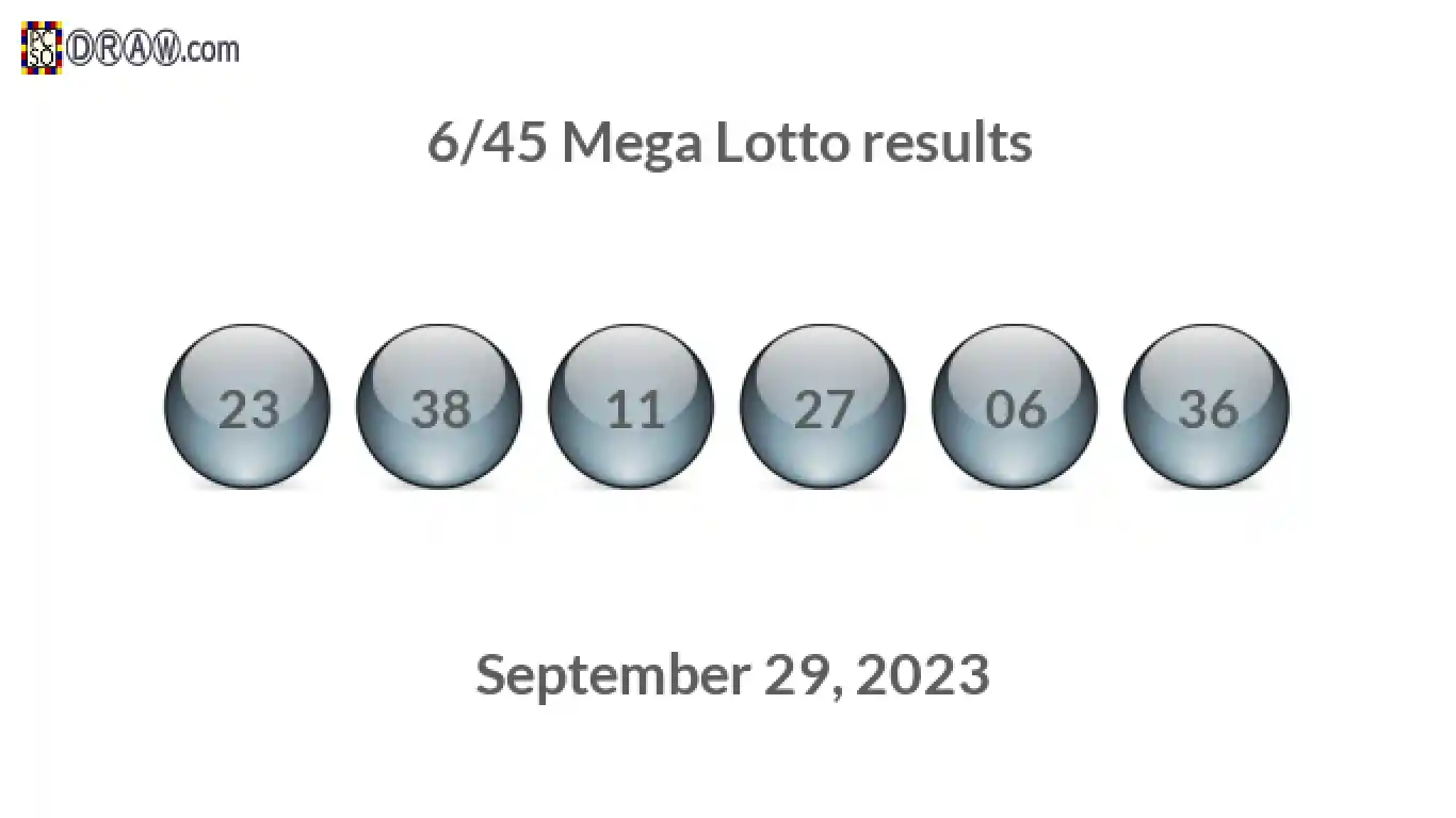 Mega Lotto 6/45 balls representing results on September 29, 2023