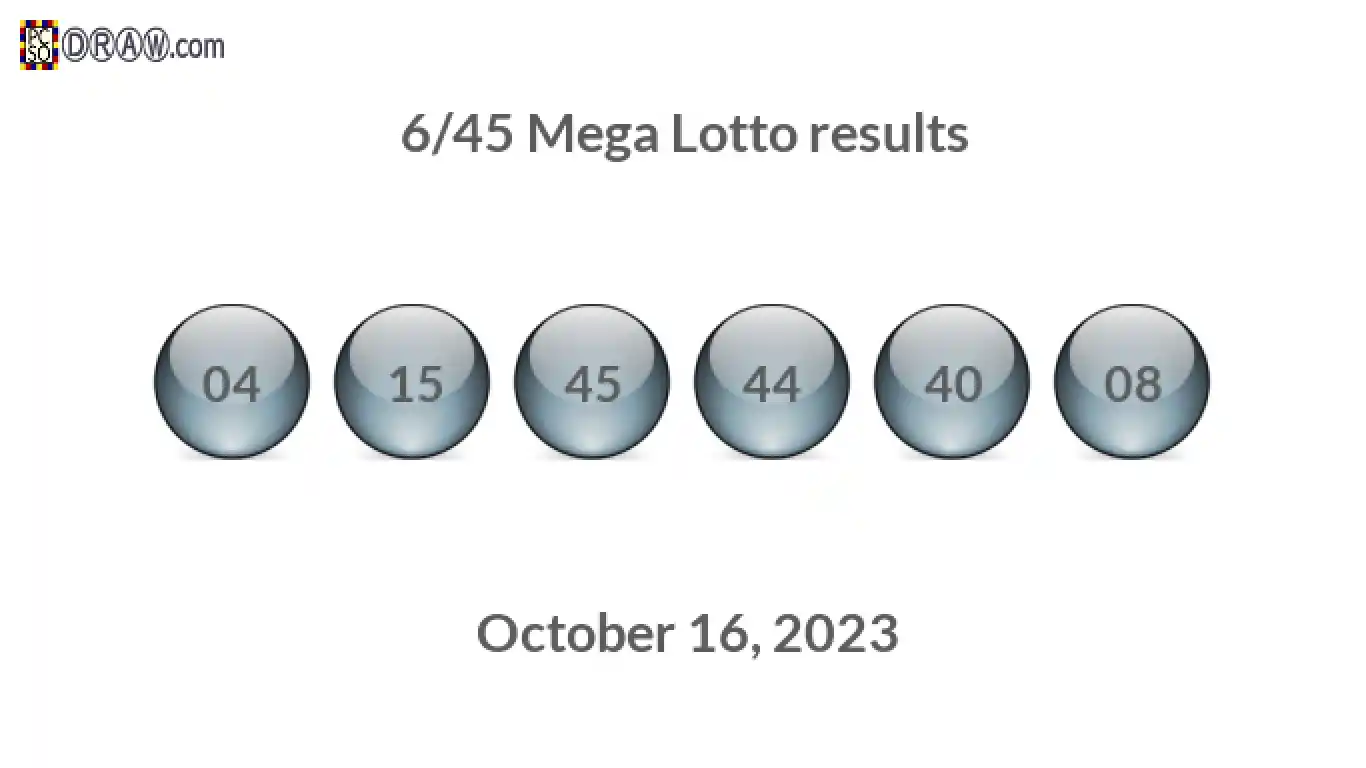 Mega Lotto 6/45 balls representing results on October 16, 2023