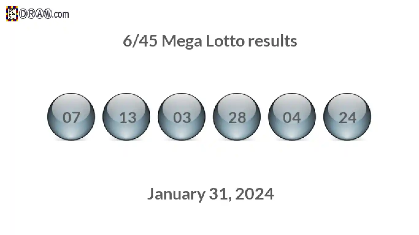 Mega Lotto 6/45 balls representing results on January 31, 2024