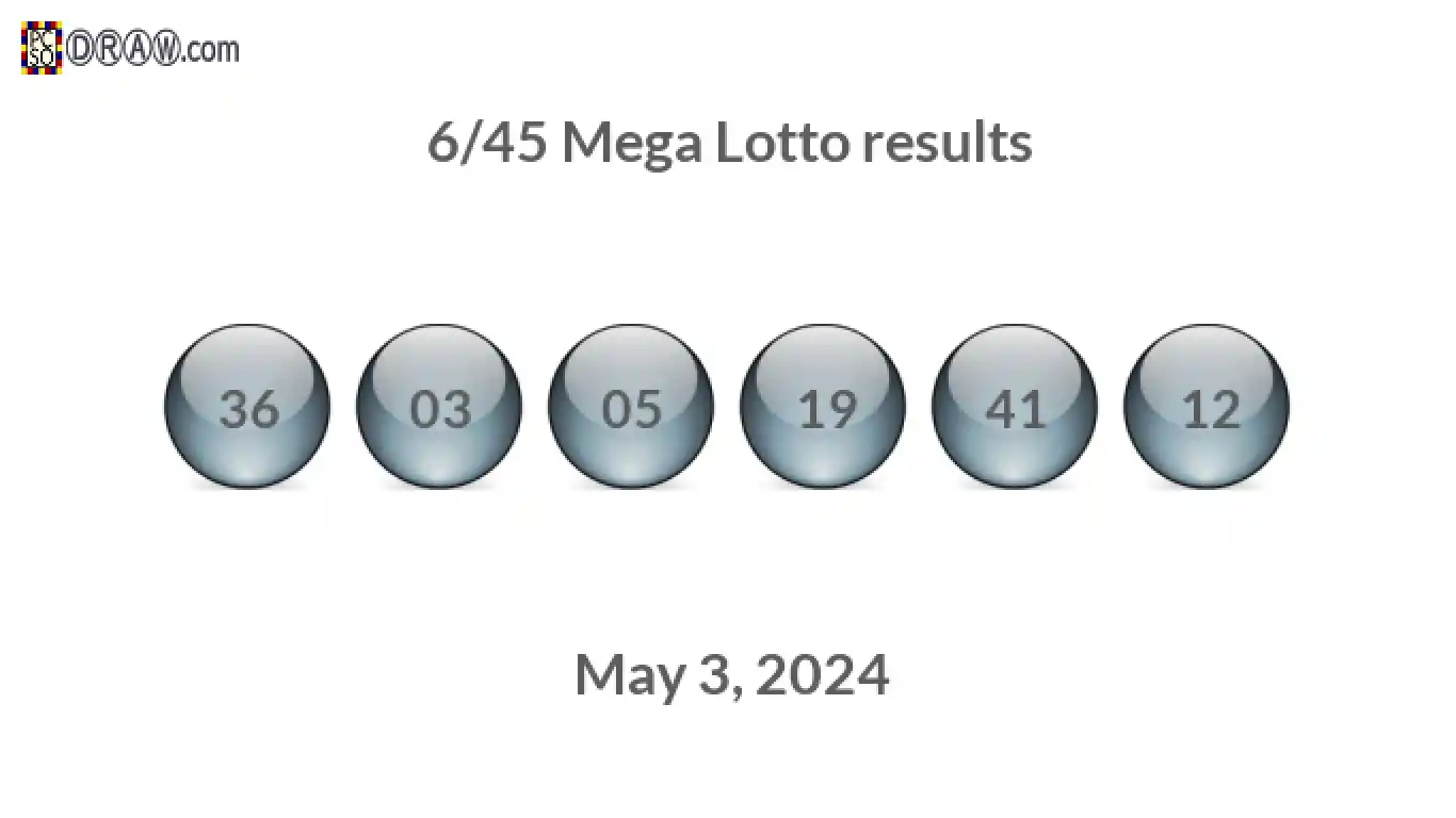 Mega Lotto 6/45 balls representing results on May 3, 2024