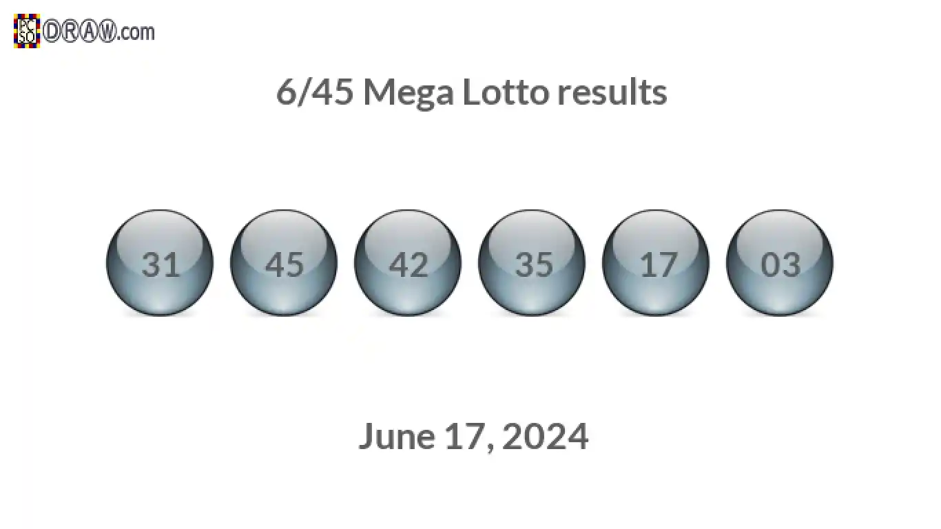 Mega Lotto 6/45 balls representing results on June 17, 2024