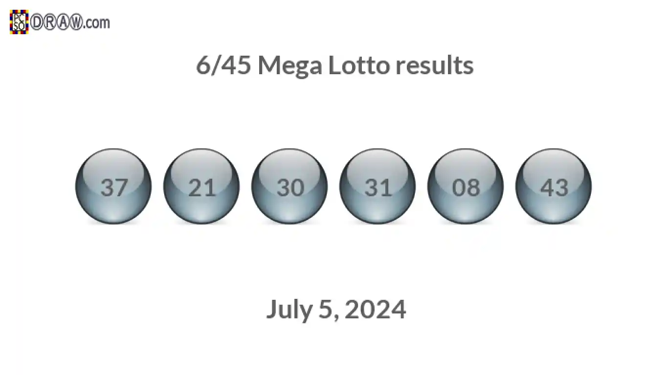 Mega Lotto 6/45 balls representing results on July 5, 2024