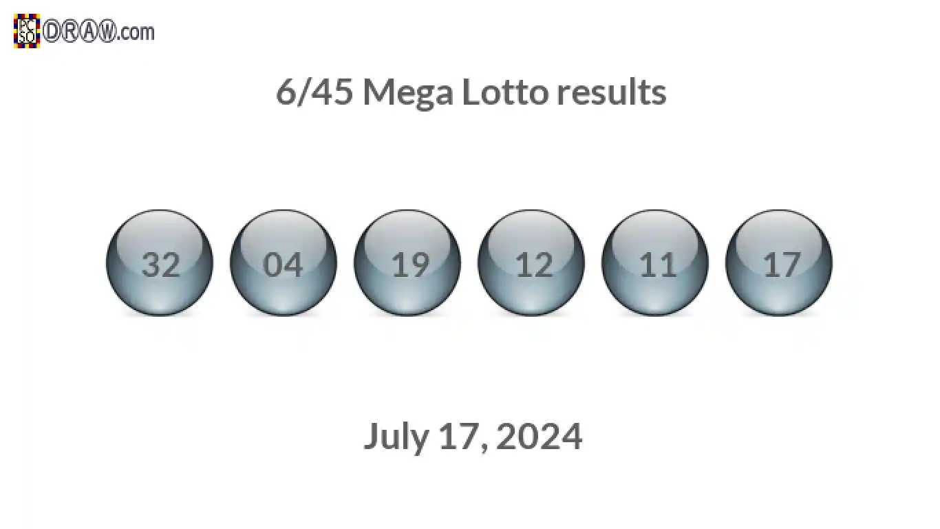 Mega Lotto 6/45 balls representing results on July 17, 2024