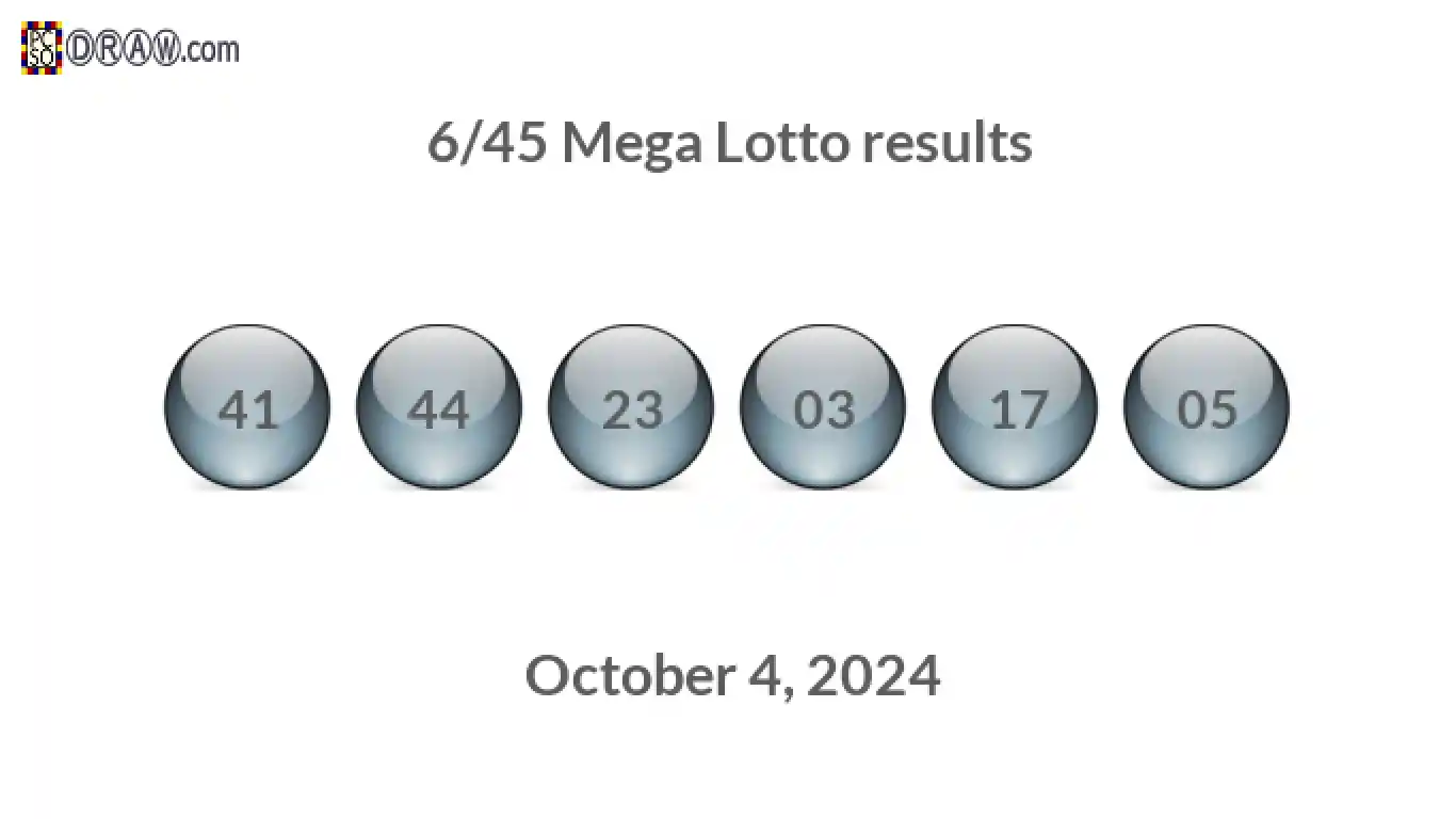 Mega Lotto 6/45 balls representing results on October 4, 2024