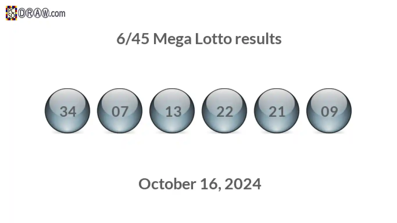 Mega Lotto 6/45 balls representing results on October 16, 2024