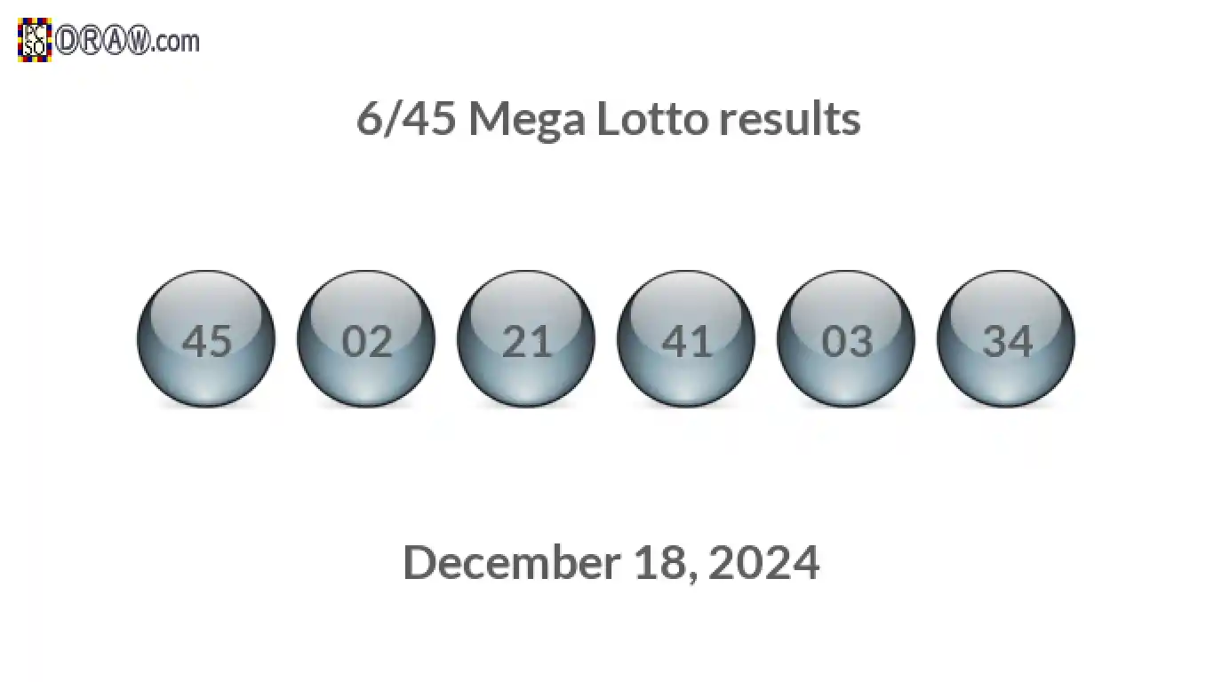 Mega Lotto 6/45 balls representing results on December 18, 2024