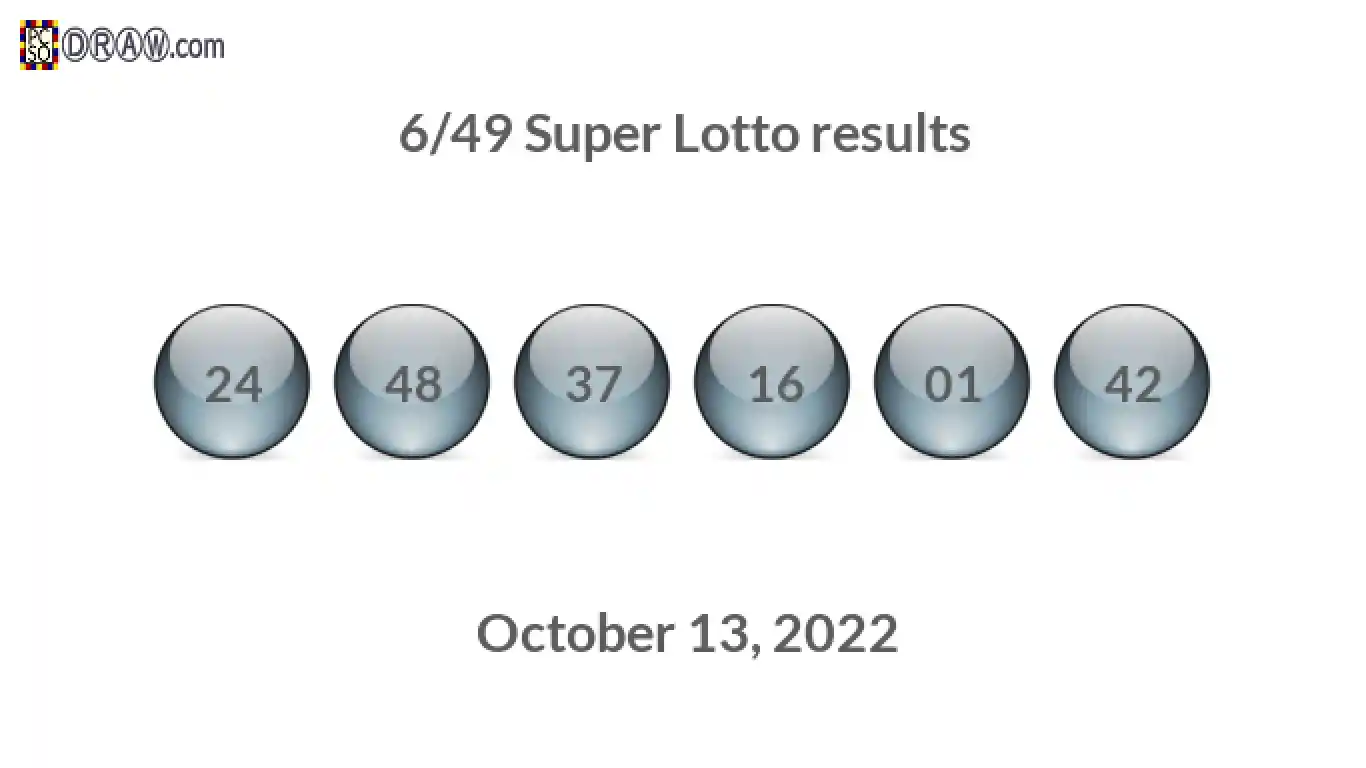 Super Lotto 6/49 balls representing results on October 13, 2022