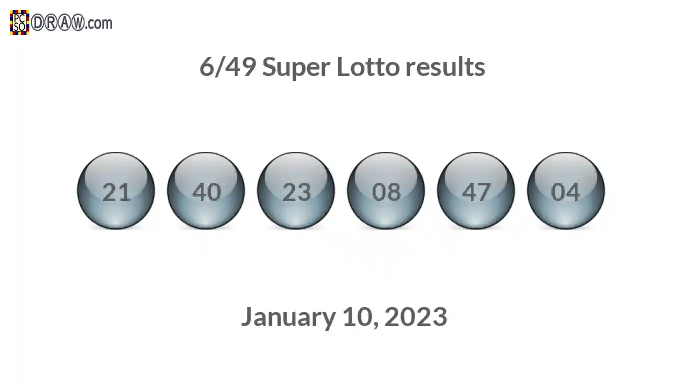 Super Lotto 6/49 balls representing results on January 10, 2023