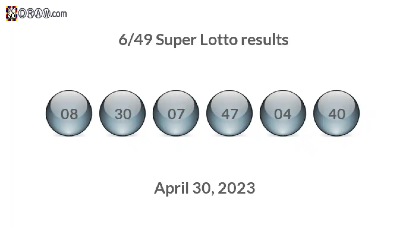 Super Lotto 6/49 balls representing results on April 30, 2023