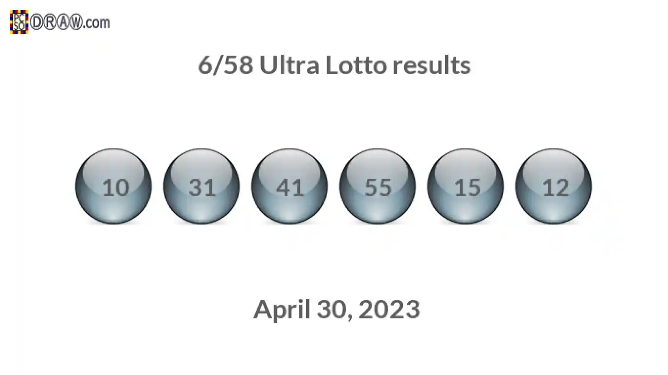 Ultra Lotto 6/58 balls representing results on April 30, 2023