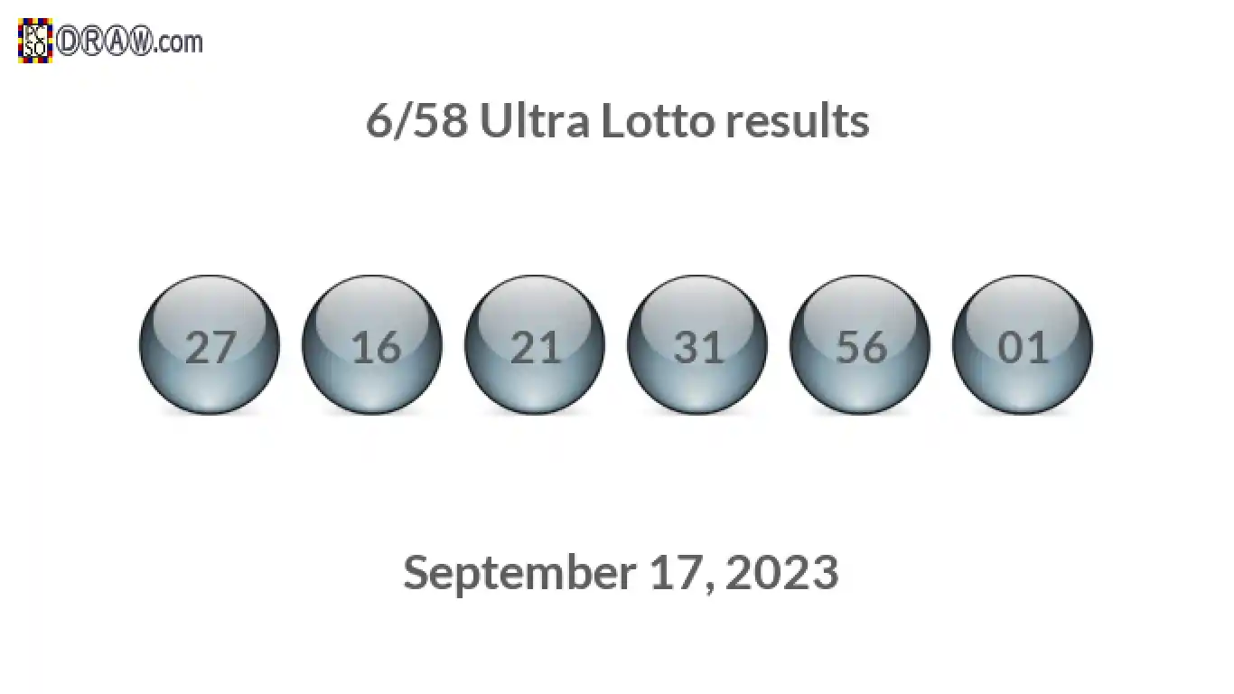 Ultra Lotto 6/58 balls representing results on September 17, 2023