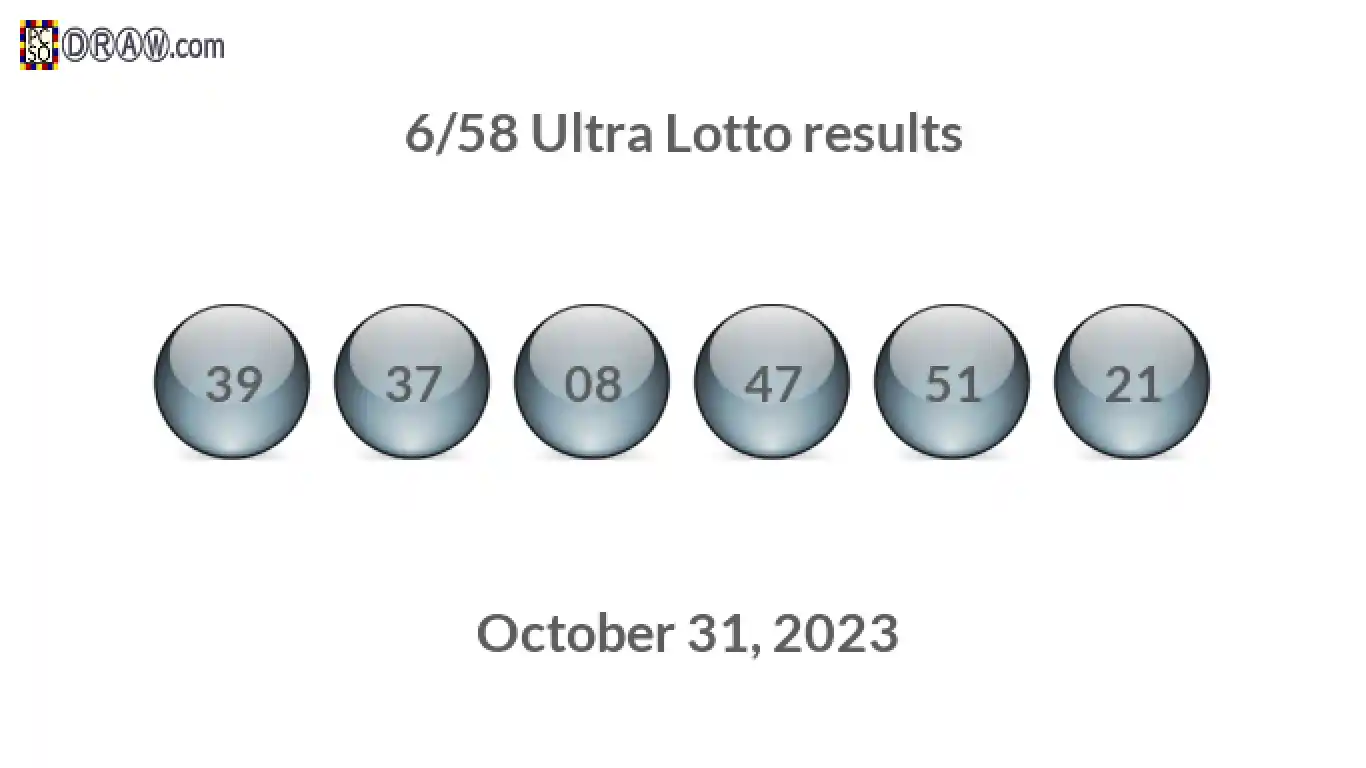 Ultra Lotto 6/58 balls representing results on October 31, 2023